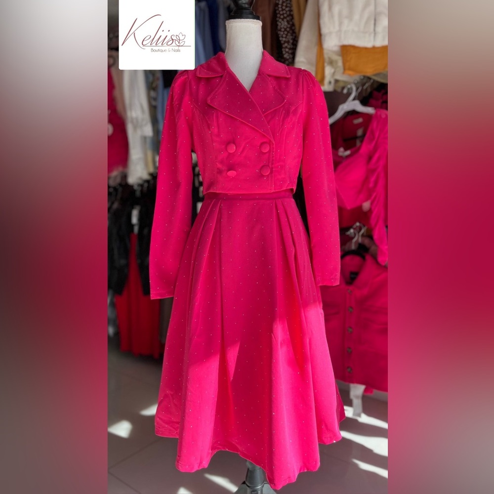 Sparkling Cropped Blazer and Midi Skirt Set, color fuchsia